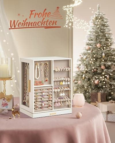 SONGMICS Schmuckkästchen 360° drehbar, Schmuckkasten 5 Schubladen, seitliche Glasfenster, geräumig, vertikale Schmuckaufbewahrung, offenes Design, Geschenkidee, weihnachten, wolkenweiß JBC170W01 thumbnail 2