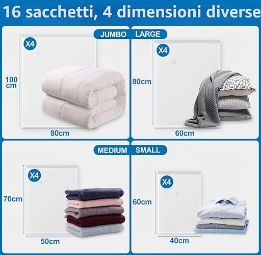 Sacchetti sottovuoto per abiti con pompa elettrica inclusa, confezione da 16 pezzi (4 Jumbo, 4 grandi, 4 medi, 4 piccoli), per coperte, materassi, cuscini, biancheria da letto, viaggi e traslochi thumbnail 2