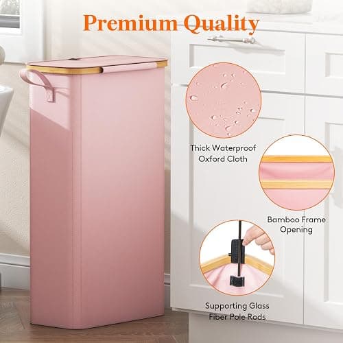 Lifewit 65L Slim Laundry Hamper with Lid, Narrow Laundry Basket with Removable Bag & Bamboo Handles, Fodable Thin Dirty Clothes Hamper for Laundry Collapsible Bin for Bathroom Bedroom Dorm, Pink thumbnail 7