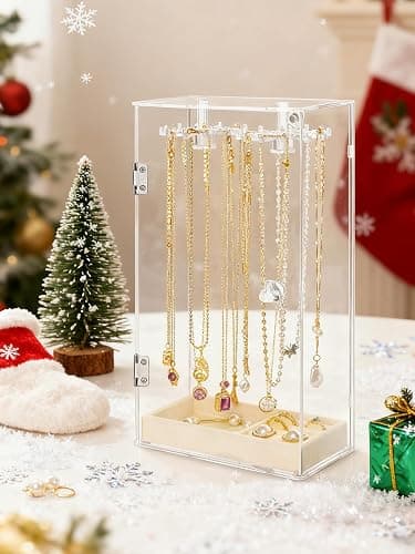 Necklace Holder, Acrylic Jewelry Organizer with 24 Hooks, Rotation Clear Necklaces Pendant Display Case Stand, Dust-proof Velvet Tray Hanging Rack Storage for Earrings Rings thumbnail 2