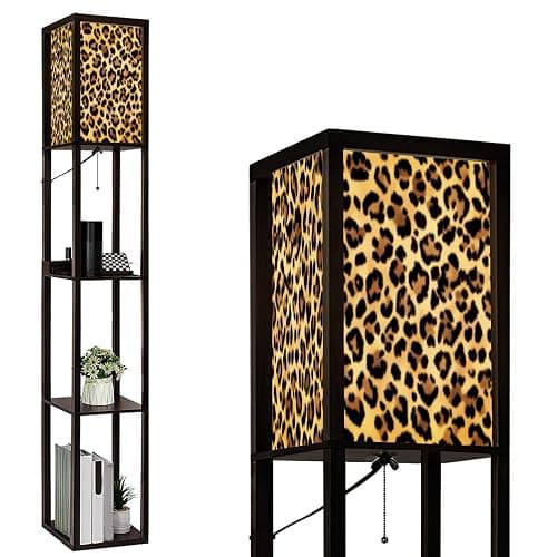 BVCAHSAW Floor Lamp with Shelves Trendy Leopard Skin Pattern Standing Tall Lamp USB Ports & Power Outlet Modern Corner Lamp Nightstand Light for Living Room Bedroom - Image 1