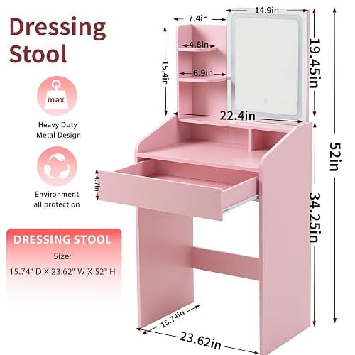 Downing Small Vanity Desk with Mirror and Lights, Makeup Vanity with Drawer & Storage Shelves, Makeup Desk with 3 Lighting Modes & Adjustable Brightness, Dressing Table for Women Girls Bedroom Pink thumbnail 2