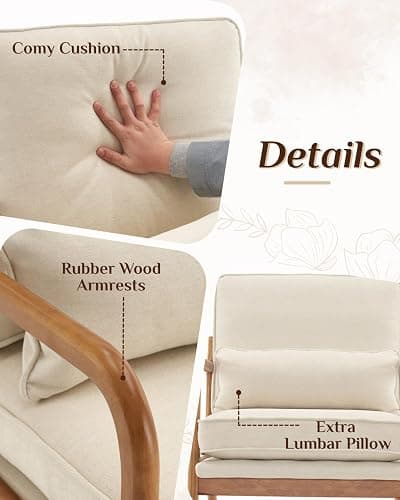 Karl home Accent Chair Mid-Century Modern Chair with Pillow Linen Fabric Upholstered Lounge Arm Chair with Solid Wood Frame & Soft Cushion for Living Room, Bedroom, Balcony, Beige thumbnail 6