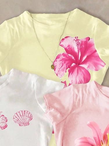RoseSeek Girl's Shirts 3 Packs Graphic Tees Vacation Hibiscus Top Crewneck Short Sleeve Cute Tops Summer Slim Fit T Shirt thumbnail 5