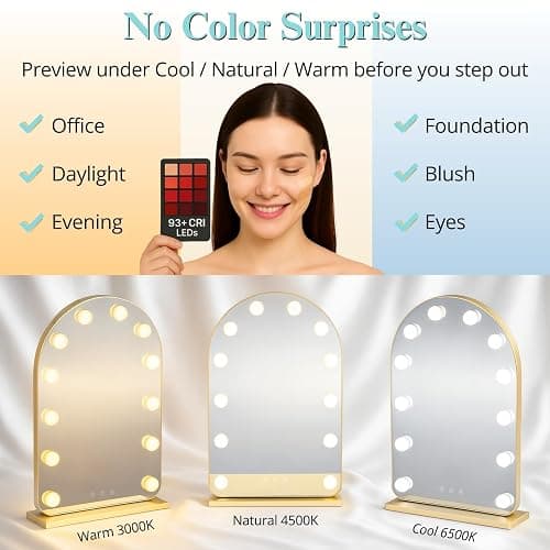 LUXFURNI Vanity Mirror with Lights, 20.5" L x 13" W Arched LED Makeup Mirror, Lighted Makeup Mirror with Lights, Smart Touch Control Dimmable 3 Modes Light, Gold thumbnail 3
