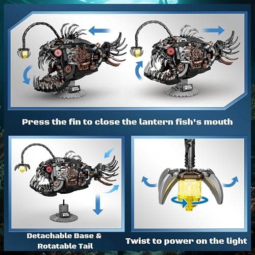 PIVONAX Mechanical Angler Fish Building Block Set - STEM Toys for Boys & Girls 8-14+, Deep Sea Ocean Creature Kit, Home/Office Decor with Light, Great Gift for Kids & Adults(1038+Pieces) thumbnail 5
