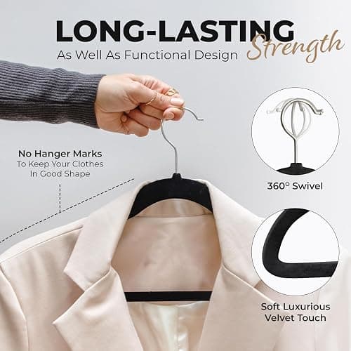 Our Modern Space 200 Pack Velvet Hanger for Shirt Pants Dresses Skirts Suits Jackets - Slim Space Saving Design - Standard Coat Hanger - Sturdy & Durable Design with Shoulder Grooves Hook thumbnail 4