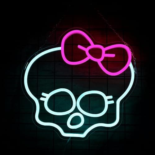Skull Neon Sign for Room Decor Monster High Neon Light LED Skull with bow Sign Neon Sign for TV Series Fans Gifts Man Cave Wall Decor Dormitory Decoration USB Powered Dimmable 13"*12.6" - Image 1