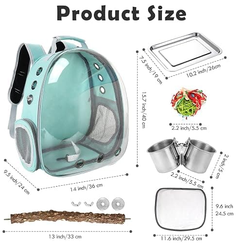 Bird Backpack Carrier with Perch, Portable Bird Travel Cage Bag, Clear Parrot Carrier Cockatiel Cage with Toy Stainless Steel Food Bowl Tray for Conures Parakeet Budgie Canary Lovebirds Small Animals thumbnail 5
