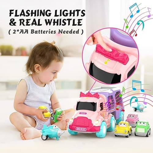 LASCOTON Toys for 1 2 3 Year Old Girl, 5-in-1 Carrier Truck for Toddler Girl, Friction Power Toy Cars with Light & Sound, Birthday Gifts, Pink - Pink thumbnail 3