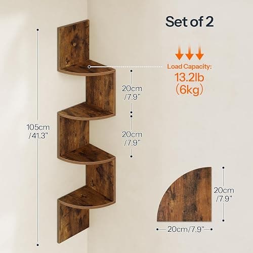 HOOBRO Corner Shelf Wall-Mounted, Set of 2 Floating Corner Shelves for Wall, 4-Tier Corner Bookshelves for Living Room, Bedroom, Bathroom, Home Office, Rustic Brown BF25BJP201 thumbnail 3