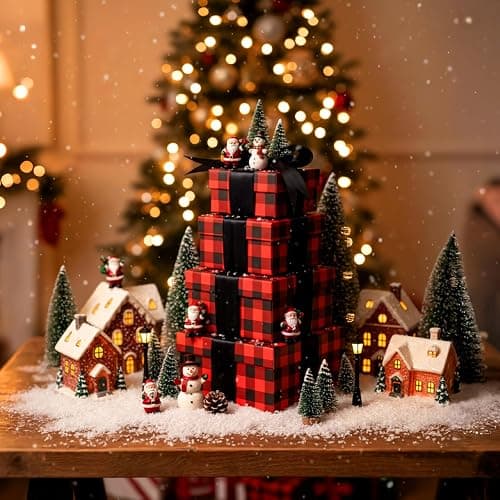 Clabby 4 pcs Christmas Nesting Boxes with Lids Square Xmas Stackable Gift Box, Assorted Sizes Decorative Nesting Boxes with Ribbon for Holiday Wedding Birthdays Present(Red and Black,Checkered) thumbnail 3
