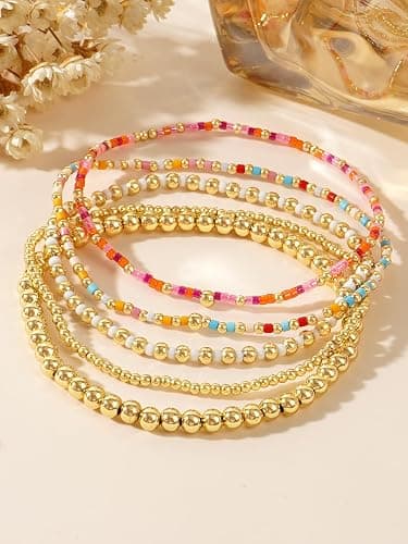 Winerbalaa Gold Beaded Colorful Bracelet Stack for Women,Handamde Bohemian Stretch Seed Beads Stackable Bracelets Fashion Holiday Party Accessories Jewelry Gift Friendship thumbnail 3