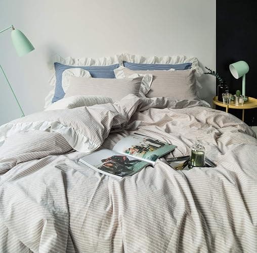 SUSYBAO Striped Ruffle Duvet Cover Queen 100% Washed Cotton 3 Pieces Set 1 Beige Ruffled Duvet Cover with Zipper Ties 2 Pillow Shams Farmhouse Soft White Lace Bedding Set Breathable thumbnail 4