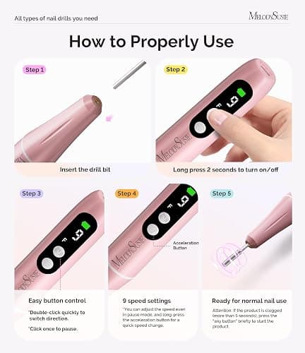 MelodySusie PC90G Rechargeable Nail Drill 20000RPM, Portable Electric Nail File for Manicure & Pedicure, Cordless Efiles for Acrylic Nails Lightweight Nail Care Tool for Home & Salon (Pink) thumbnail 6