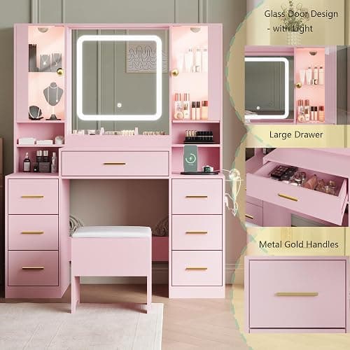 BORNOON Makeup Vanity with LED Light Strip Mirror and Chair, 7 Drawers & 2 RGB Cabinets Pink Vanity Makeup Desk with Power Strip, Adjustable LED Lighting, and Cushioned Stool for Women, Girls, Teens thumbnail 4