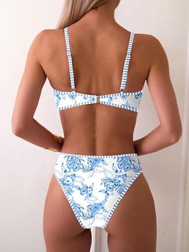 Fanuerg Women's Triangle Bikini Sets O Ring Linked Two Piece Swimsuits Floral Printed Cheeky Bathing Suit thumbnail 2