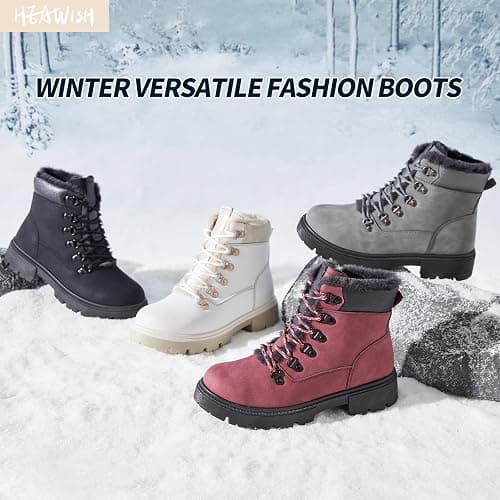 Women Winter Snow Boots with Fur Lined,Black Low heels Combat Ankle Boots,Non Slip Leather Ankle Boots for Women thumbnail 6