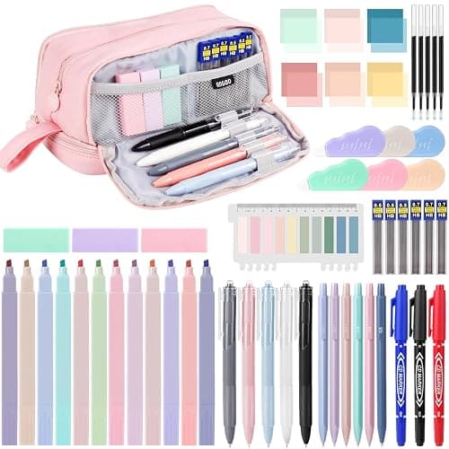 54 PCS Aesthetic School Supplies, Stationery Essentials Set with Large Pen Case, Mechanical Pencils & Black Ink Gel Pens with Refills, Markers, Erasers, Highlighters, Sticky Notes, Correction Tapes - Image 1