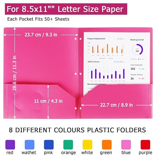 Tamaki Plastic File Folders with Pockets, 3 Hole, Multicolor, 8 Pack | Durable Heavy Duty Colored Folders for School for School Office thumbnail 3