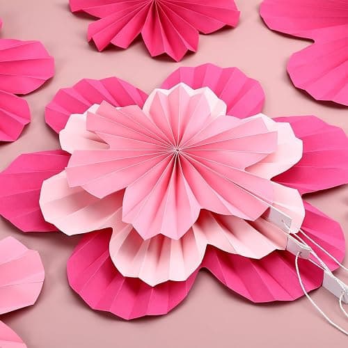JULBEAR 12pcs Pink Paper Flowers Fans, Paper Fans Hanging Ornaments, Paper Flowers Decorations for Wall, Paper Fans Party Decorations for Spring Wedding Baby Shower thumbnail 2