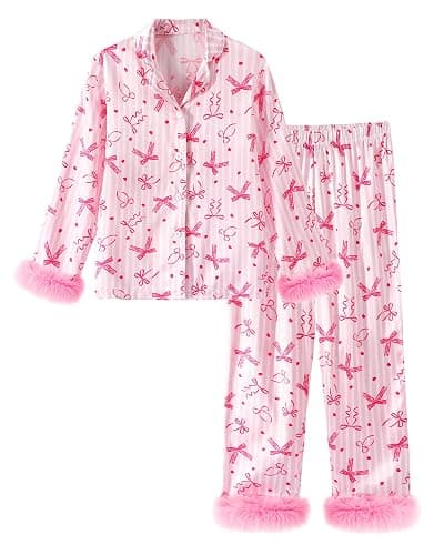 CARETOO Girls 2 Piece Pajamas Set Satin Sleepwear Long Sleeve Jammies for Kids Button-Down Nightwear Loungewear 4-12 Years - Image 1