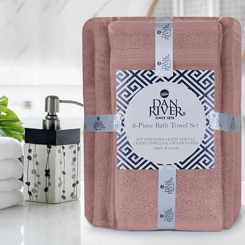 DAN RIVER 8 PC Luxury Bath Towels for Bathroom, 2 Bath, 2 Hand, and 4 Wash Cloths, 600 GSM 100% Ring Spun Cotton Towel Set, Highly Absorbent, Gym, Hotel, and Spa, Dusty Rose thumbnail 2