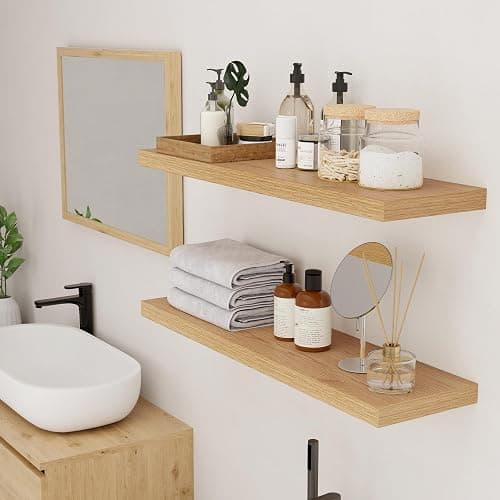 Heimlove 90 cm Floating Shelves 36 Inch Long,9.3 Inch Deep Hanging Shelves Wall Mounted Set of 2,Wood Wall Shelves for Bathroom,Kitchen,Office,Living Room Decor,Oak Color thumbnail 5