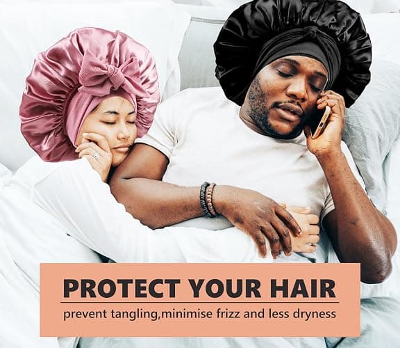 Satin Bonnet for Sleeping Women,Double Layer Hair Bonnet for Sleeping with Tie Band for Curly Hair Braids Long Hair Black thumbnail 7