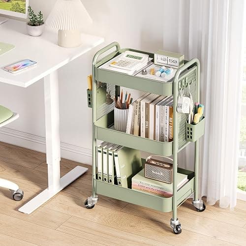 TOOLF 3 Tier Rolling Cart Storage Organizer, Metal Rolling Utility Cart with Wheels, Hooks & Bins Esthetician Craft Art Sturdy Storage with Pegboard for Bathroom, Kitchen, Office, Nursery Diaper thumbnail 2