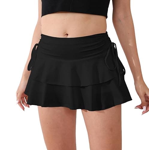 PRSFPN Women's Y2k Mini Ruffle Skirts with Shorts Tiered Layers Cute Elastic Waist Coquette Skort Drawstring Side Bow Tie thumbnail 4