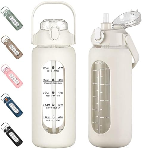 kytffu 56oz Glass Water Bottles with Straw, Motivational Glass Bottle with Silicone Sleeve and Time Marker, Leakproof Large Glass Water Jug for Gym Home Office,White - Image 1