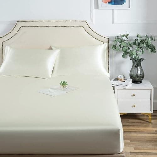 Satin Fitted Sheet, Full Fitted Sheet Only, 1 - Piece Ultra Soft Deep Pocket Single Silk Bottom Bed Sheet Full - Ivory - Image 1