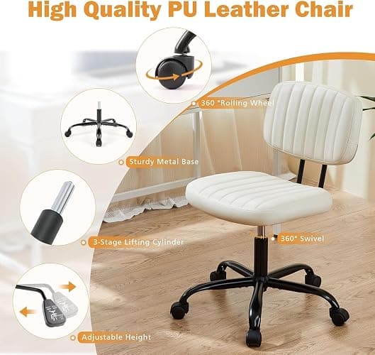 Sweetcrispy Small Office Computer Desk Chair with Wheels and Lumbar Support, Comfy Cute Armlees PU Leather Vanity Rolling Swuvel Task Chair No Arm for Adult, Student - Beige White thumbnail 5