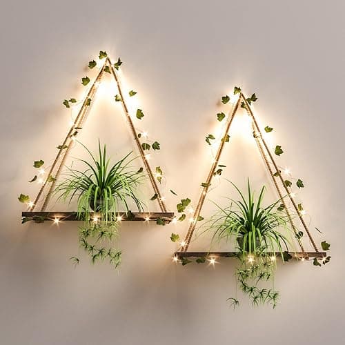 RICHER HOUSE Artificial Ivy LED-Strip Wall Hanging Shelves Set of 2, Macrame Shelf for Bedroom Living Room Kitchen, Wood Hanging Plant Shelves for Wall Décor, Thanksgiving & Christmas Decorations - Image 1