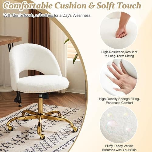 VINGLI Modern Teddy Fluffy Small Office Chair,Cute Desk Chair with Wheels,Gold Base/Studs, Comfy Armless Swivel Vanity Task Chair for Women/Girl/Kids, Nail Tech Chair for Bedroom,Small Space,White thumbnail 4