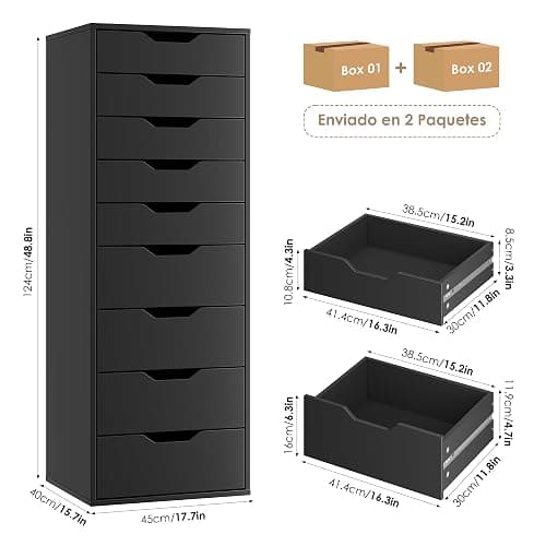 FOREHILL Cómodas y Cajoneras, Sinfonier Dormitorio Alto, Cajonera con 9 Cajones, Cajonera Armario Interior, Mueble Almacenaje para Dormitorio, Salón, Moderno Negro 45x40x124.5cm thumbnail 3