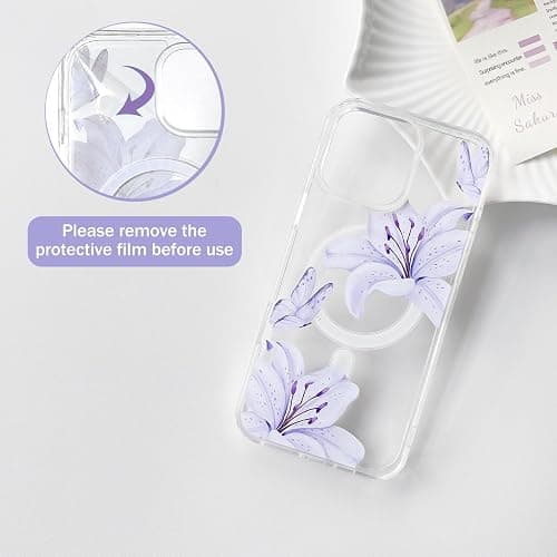 NITITOP Compatible with iPhone 16 Pro Max Case Clear Magnetic Compatible with MagSafe Cute Lily Flowers Floral for Women Girls Hard PC Back Shockproof Protective Phone Cover - Purple thumbnail 2