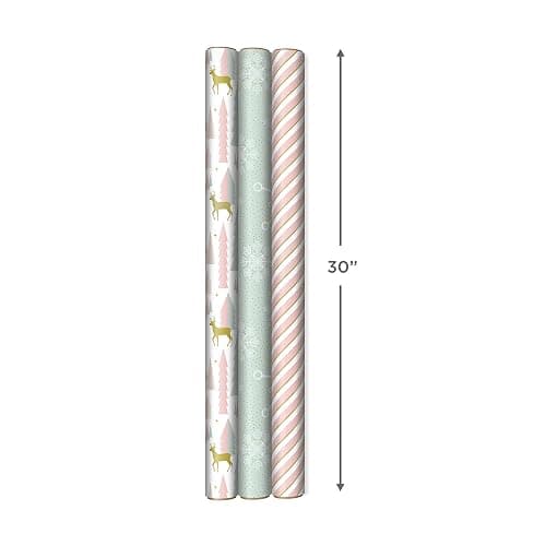 Hallmark Pink Christmas Wrapping Paper with Cut Lines on Reverse (3 Rolls: 120 sq. ft. ttl) Pink, Mint, Gold, Reindeer, Christmas Trees, Snowflakes thumbnail 3