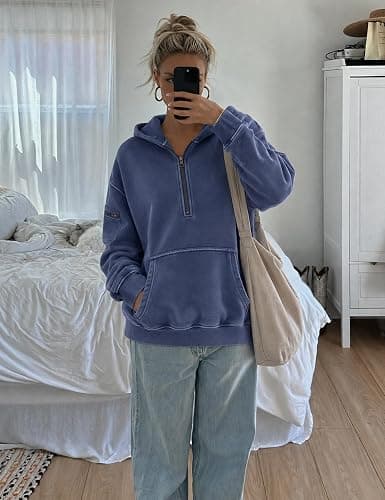 FAIABLE Women's Oversized Washed Quarter Zip Hoodie Loose Fit Pullover Sweatshirt with Pockets thumbnail 2
