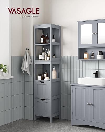 VASAGLE Bathroom Floor Cabinet, Bathroom Storage Organizer Rack Stand, Multifunctional Corner Unit, 2 Drawers, 55.7 Inches in Height, Dove Grey UBBC066G02 thumbnail 2