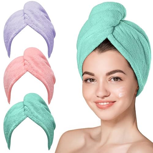 Hicober Microfiber Hair Towel, 3 Packs Hair Turbans for Wet Hair, Drying Hair Wrap Towels for Curly Hair Women Anti Frizz (Pink,Purple,Green) - Image 1