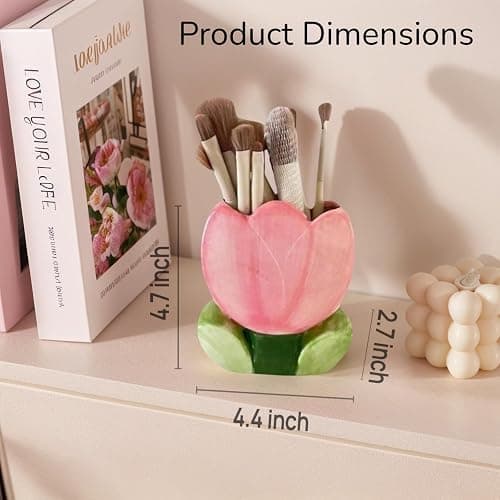 lyvantha Pink Pencil Holder,Ceramic Tulip Pen Holder, Multi-Purpose Makeup Brush, Aesthetic Office Vanity Kitchen Desktop Decor,Perfect Birthday Christmas Gift for Women Girls thumbnail 3
