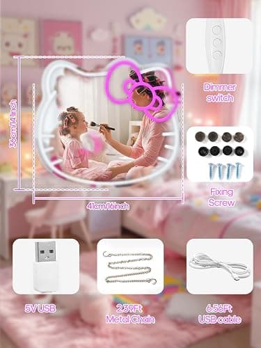 Anime Neon Sign Vanity, Bedroom Wall Mirror 16x14inch Large Size for Pink Room Decor, Makeup Mirror with Remote for Teen Girl Gifts for Birthday Christmas Halloween Thanksgiving Valentine's Day thumbnail 3