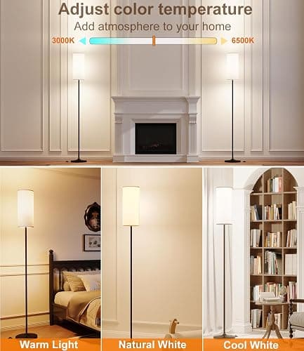luckystyle Dimmable Floor Standing Tall Lamp, 12W Led Bulb with Lampshade, Foot Switch, Remote Custom Color Temperature Pole for Bedroom, Office, Kids & Living Room, Black thumbnail 3