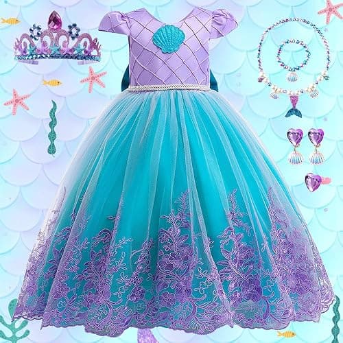 Robe Princesse Fille, Costume Déguisement Sirene Enfant avec Ensemble | Collier de Couronne, Robe Sirene Fille Bébé pour Costume Halloween Anniversaire Fêté Carnaval Cosplay thumbnail 5