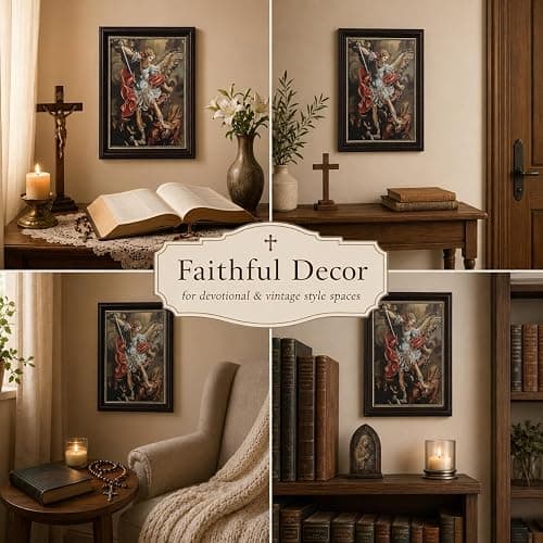 St Michael Archangel Framed Wall Art - Saint Michael Defeating Satan Painting - Catholic Religious Wall Decor for Bedroom Living Room Church, Vintage Christian Angel Canvas Print with Gold Trim Framed thumbnail 7
