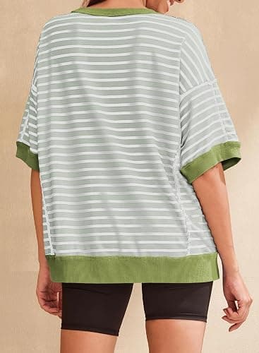 SHEWIN Womens Tops Casual Short Sleeve Sweatshirt Crewneck Striped Shirt Pullover T Shirts Loose Blouses thumbnail 4