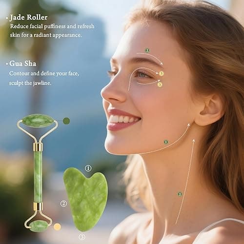 Real Perfection Gua Sha Facial Tools Face Roller for Wrinkles Jade Roller and Gua Sha Set, Scrubber Pore Brush Headband Skin Care Tools for Travel Skincare Routine Massaging Reducing Puffiness - Green thumbnail 4
