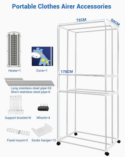 Heated Clothes Airer, 1600W-1.7 Meter Electric Clothes Dryer (Anion) with 12 Hangers, 3-Tier Foldable Heated Clothes Airer Rack with Cover, Energy Saving Heated Airers for Indoor, Apartment thumbnail 2